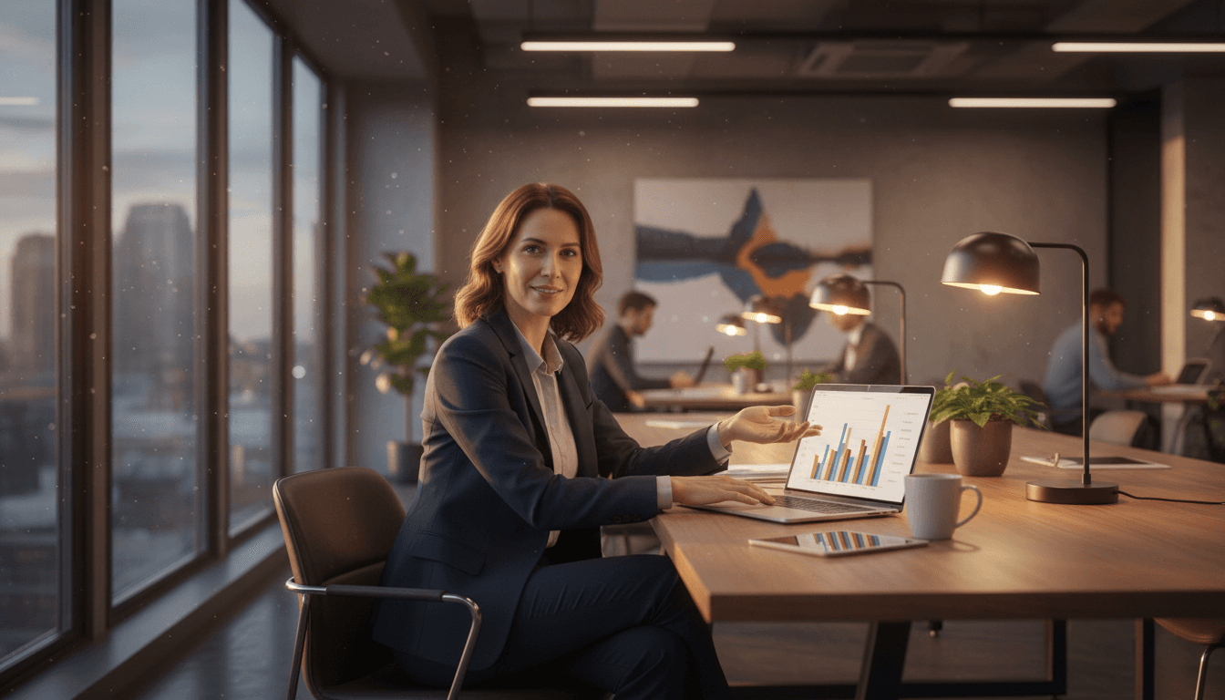 Professional business consultant in modern office with laptop and warm lighting
