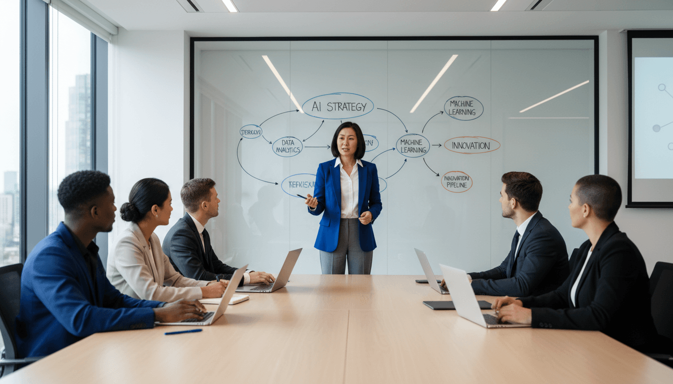 Business consultant standing at whiteboard with team in bright modern office