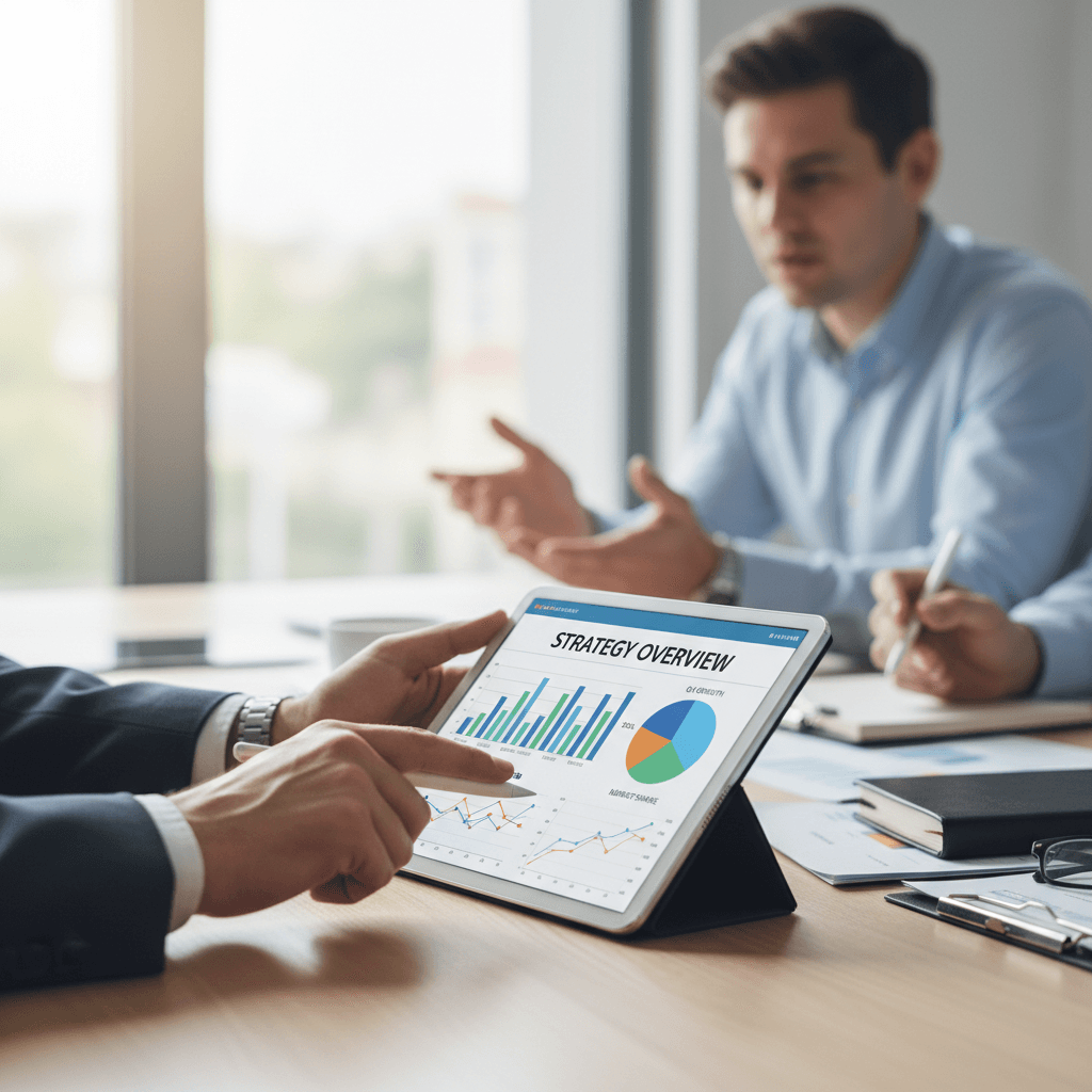 business consultant reviewing data on tablet with happy business owner in office