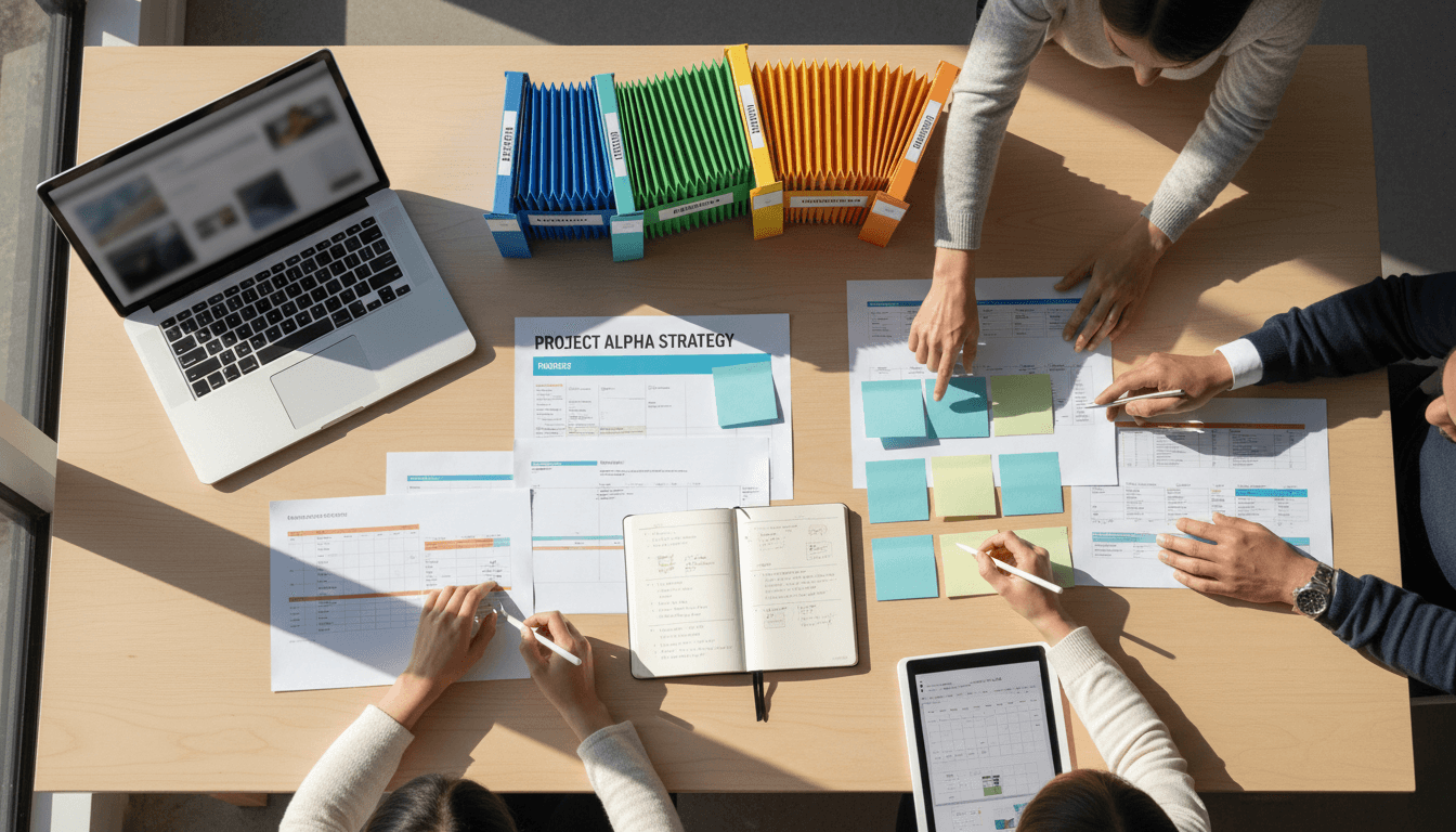 professional team planning roadmap with sticky notes on glass wall in bright conference room
