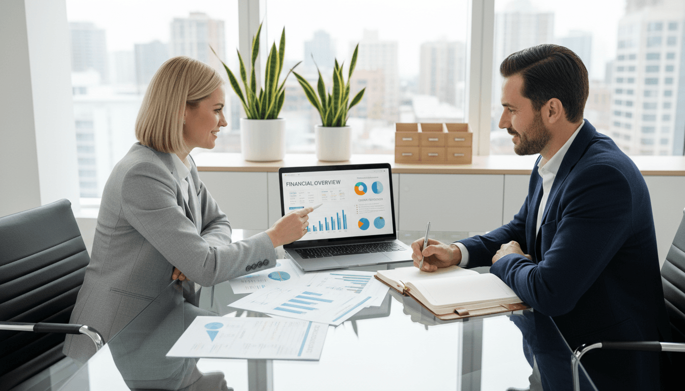 Consultant and client having a productive conversation in a bright office
