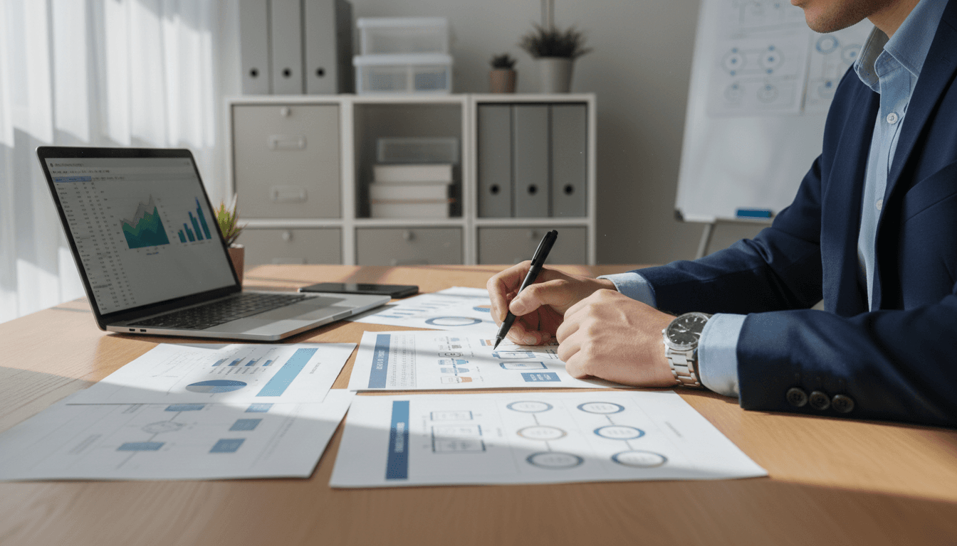 business owner and consultant reviewing workflow charts on whiteboard in modern office