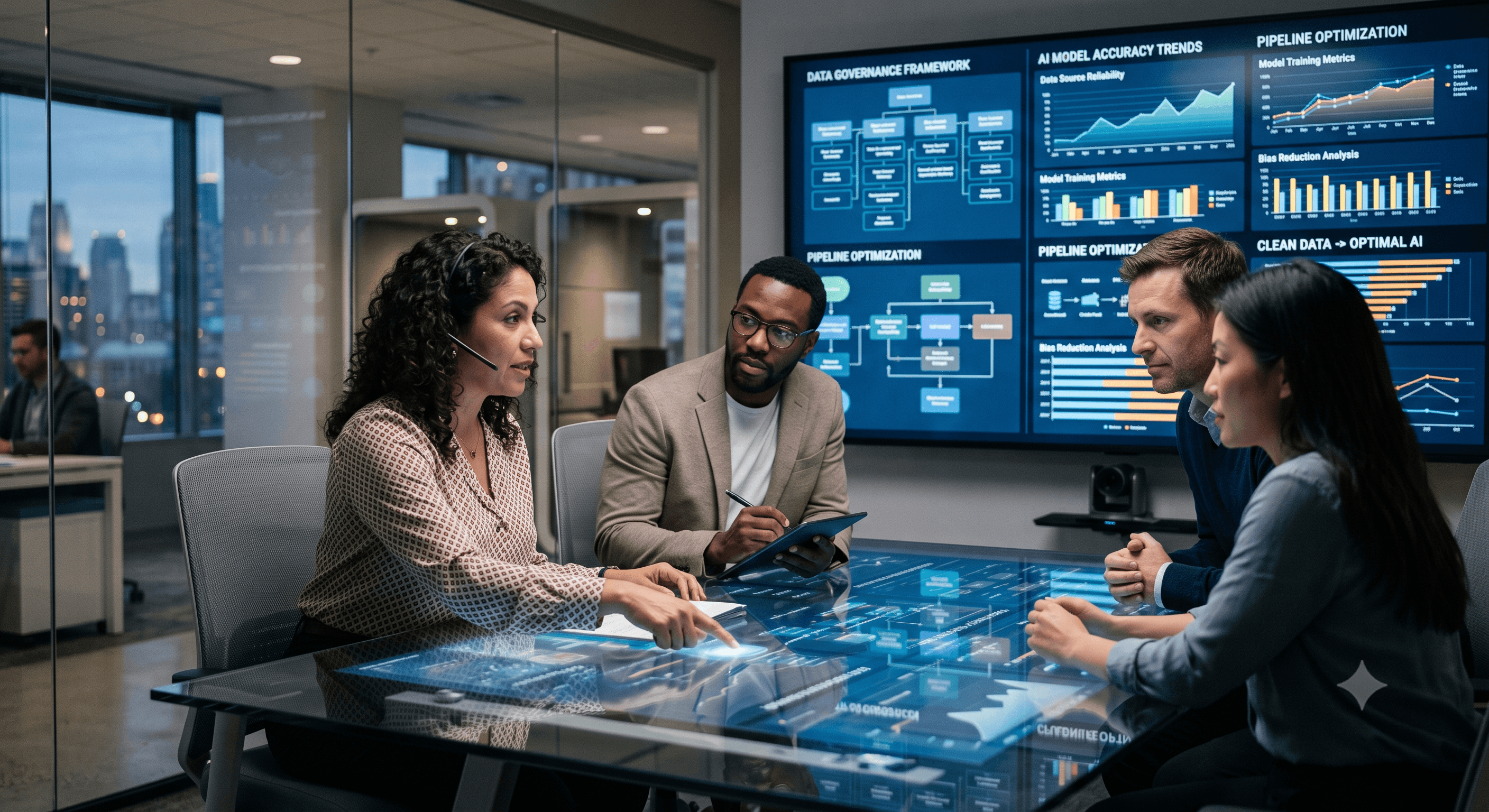 Diverse professionals collaborating around a digital table with complex data visualizations on background screens.