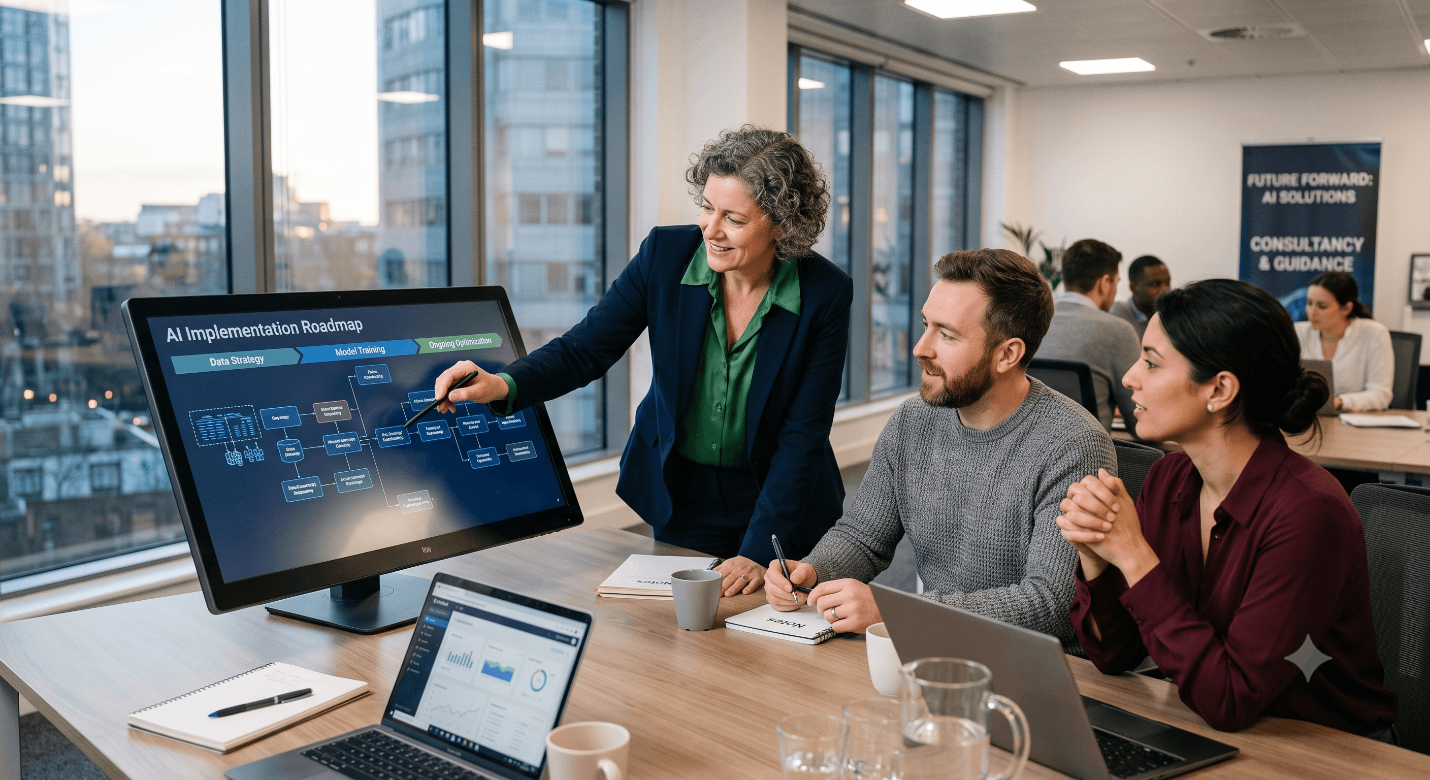 Woman presenting an AI implementation roadmap on a monitor to two colleagues in an office.