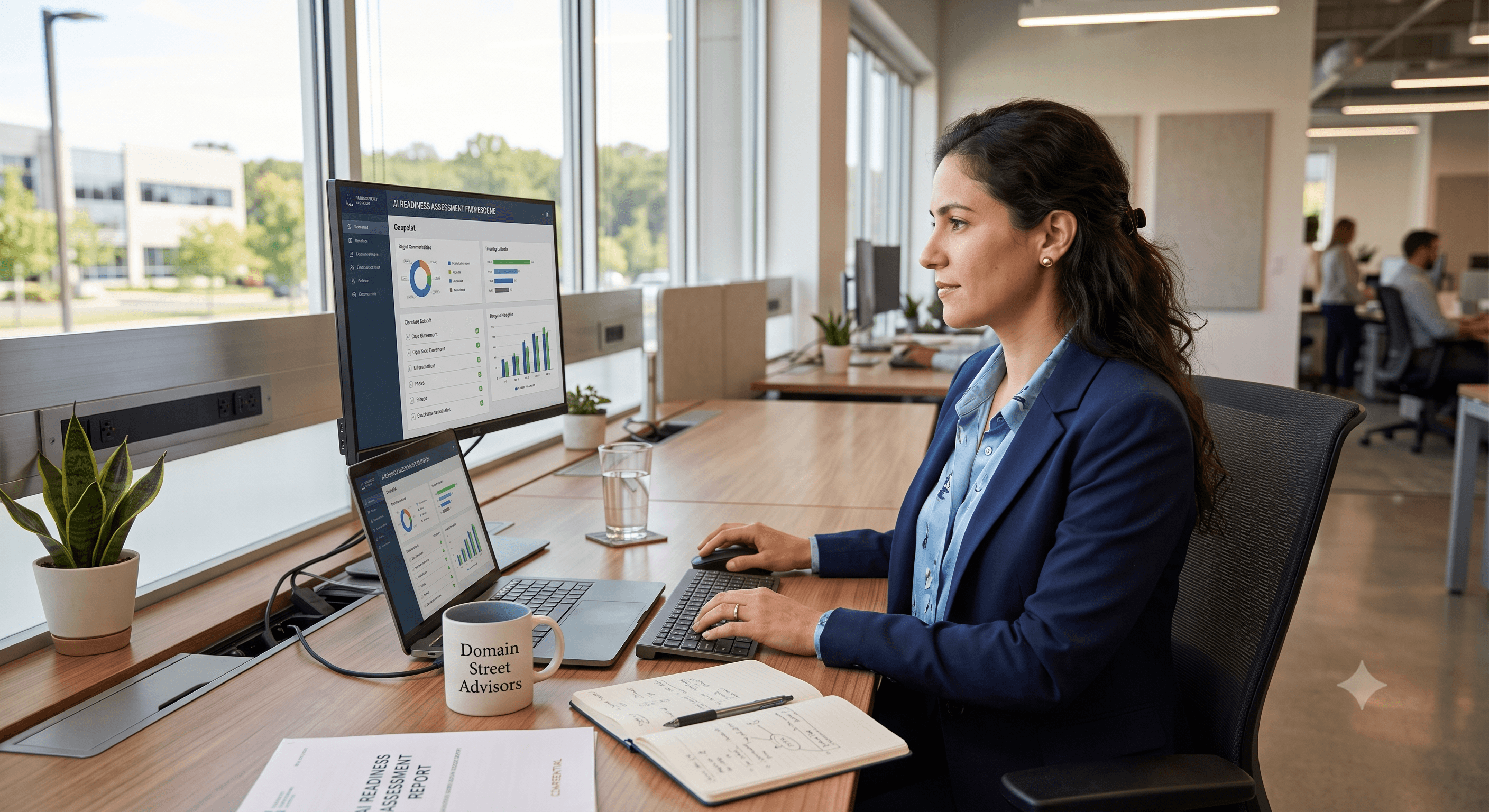Woman in a blue blazer analyzing data on multiple screens in a bright, modern office.