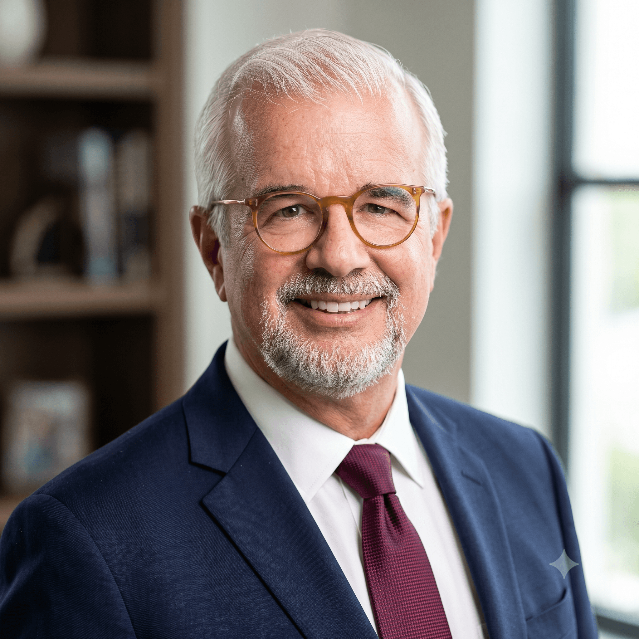 Smiling senior man with white hair, goatee, and tortoiseshell glasses wearing a navy suit.