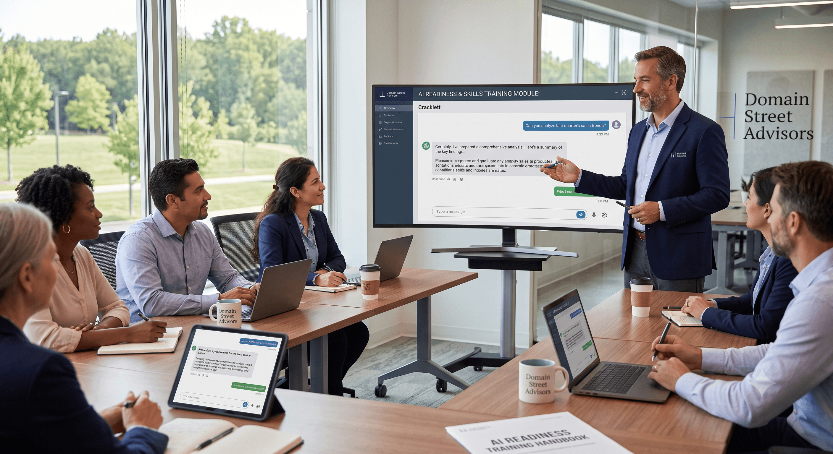 Diverse professionals attend an AI readiness training session in a bright, modern office boardroom.