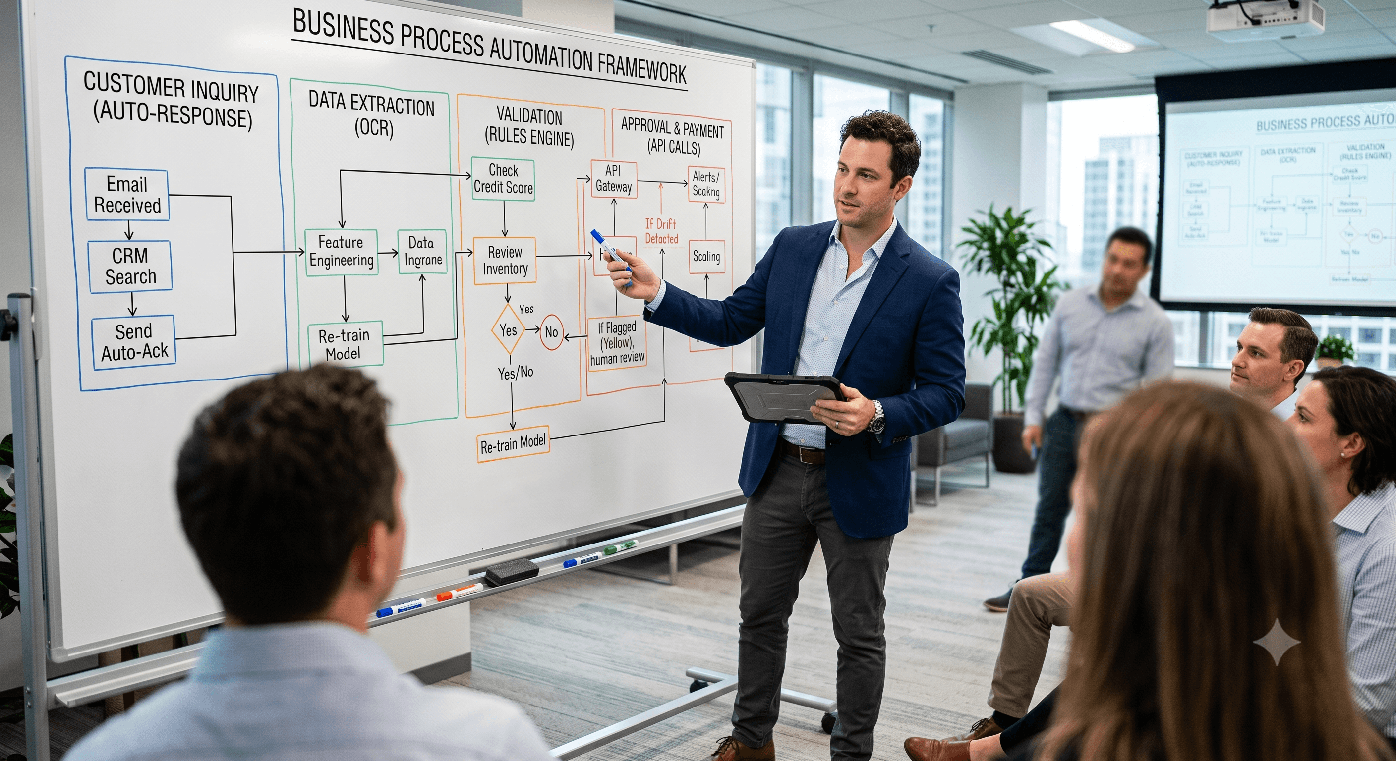 Man presenting a business process automation framework flowchart on a whiteboard to a seated audience.